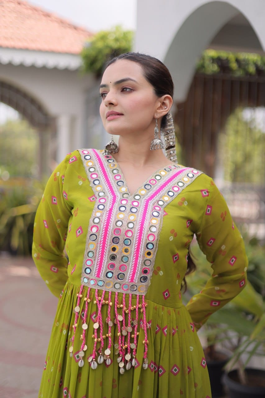 Olive One Piece Garba Outfit - Kutchi Patchwork, Laheriya Print