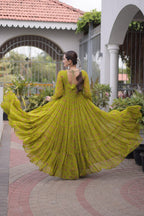 Olive One Piece Garba Outfit - Kutchi Patchwork, Laheriya Print