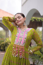 Olive One Piece Garba Outfit - Kutchi Patchwork, Laheriya Print