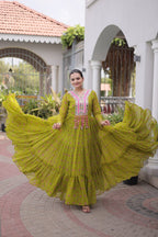 Olive One Piece Garba Outfit - Kutchi Patchwork, Laheriya Print