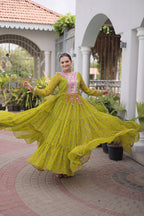 Olive One Piece Garba Outfit - Kutchi Patchwork, Laheriya Print