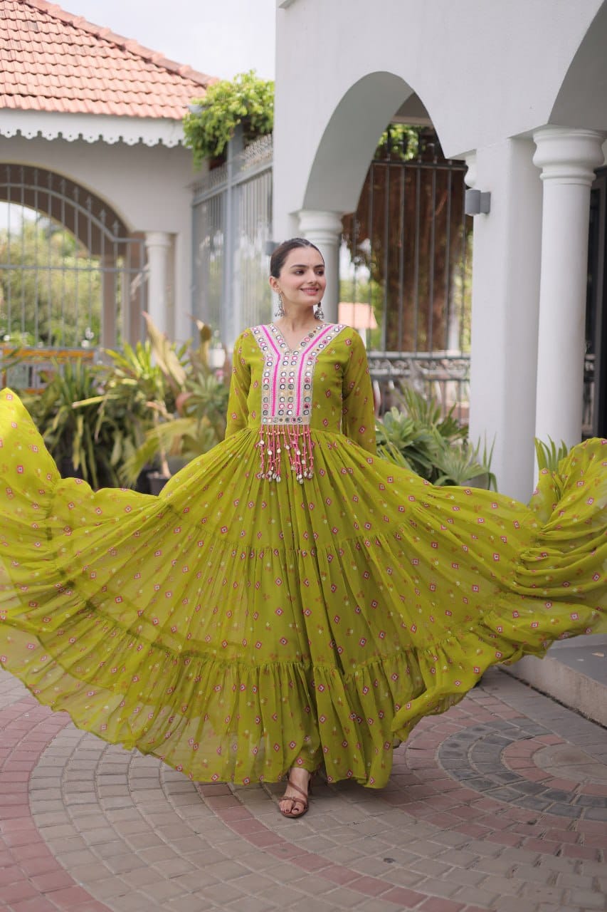 Olive One Piece Garba Outfit - Kutchi Patchwork, Laheriya Print