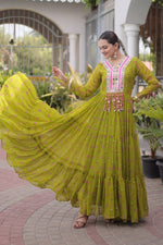 Olive One Piece Garba Outfit - Kutchi Patchwork, Laheriya Print