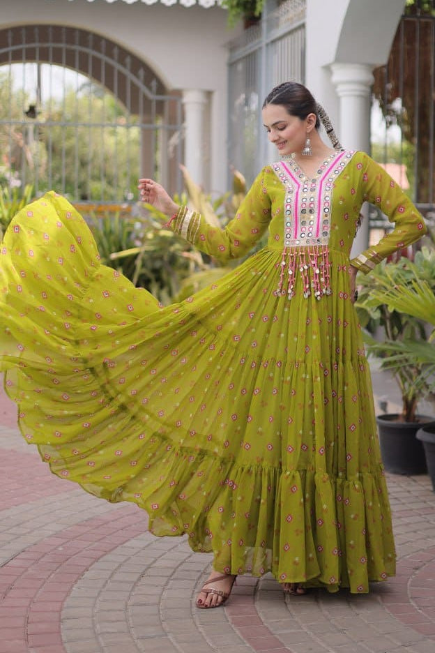 Olive One Piece Garba Outfit - Kutchi Patchwork, Laheriya Print