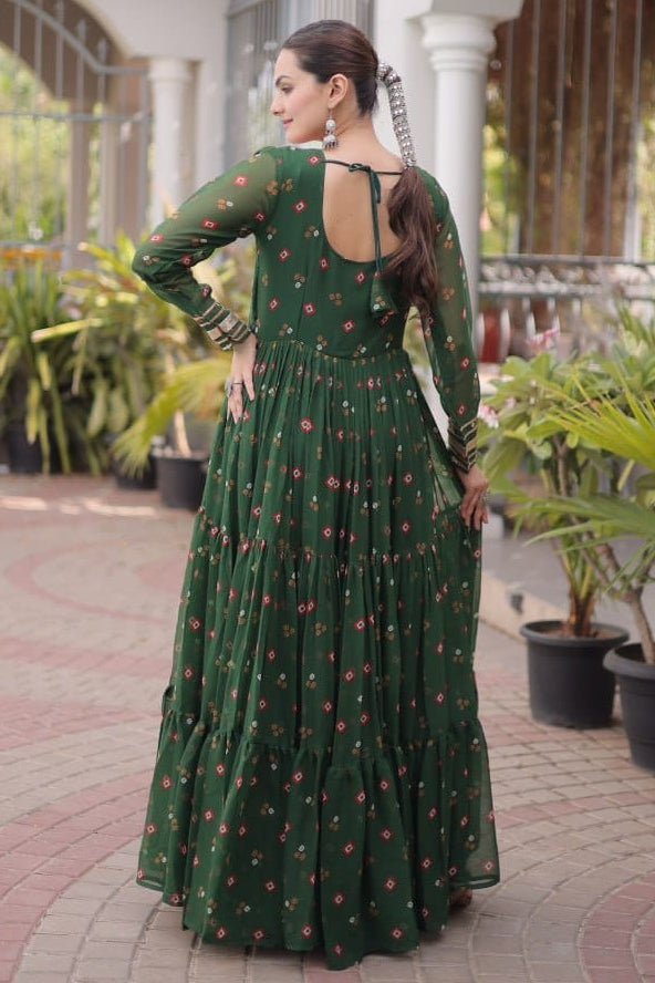 Green One Piece Garba Outfit - Laheriya Print, Kutchi Patchwork