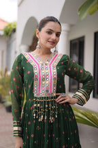 Green One Piece Garba Outfit - Laheriya Print, Kutchi Patchwork