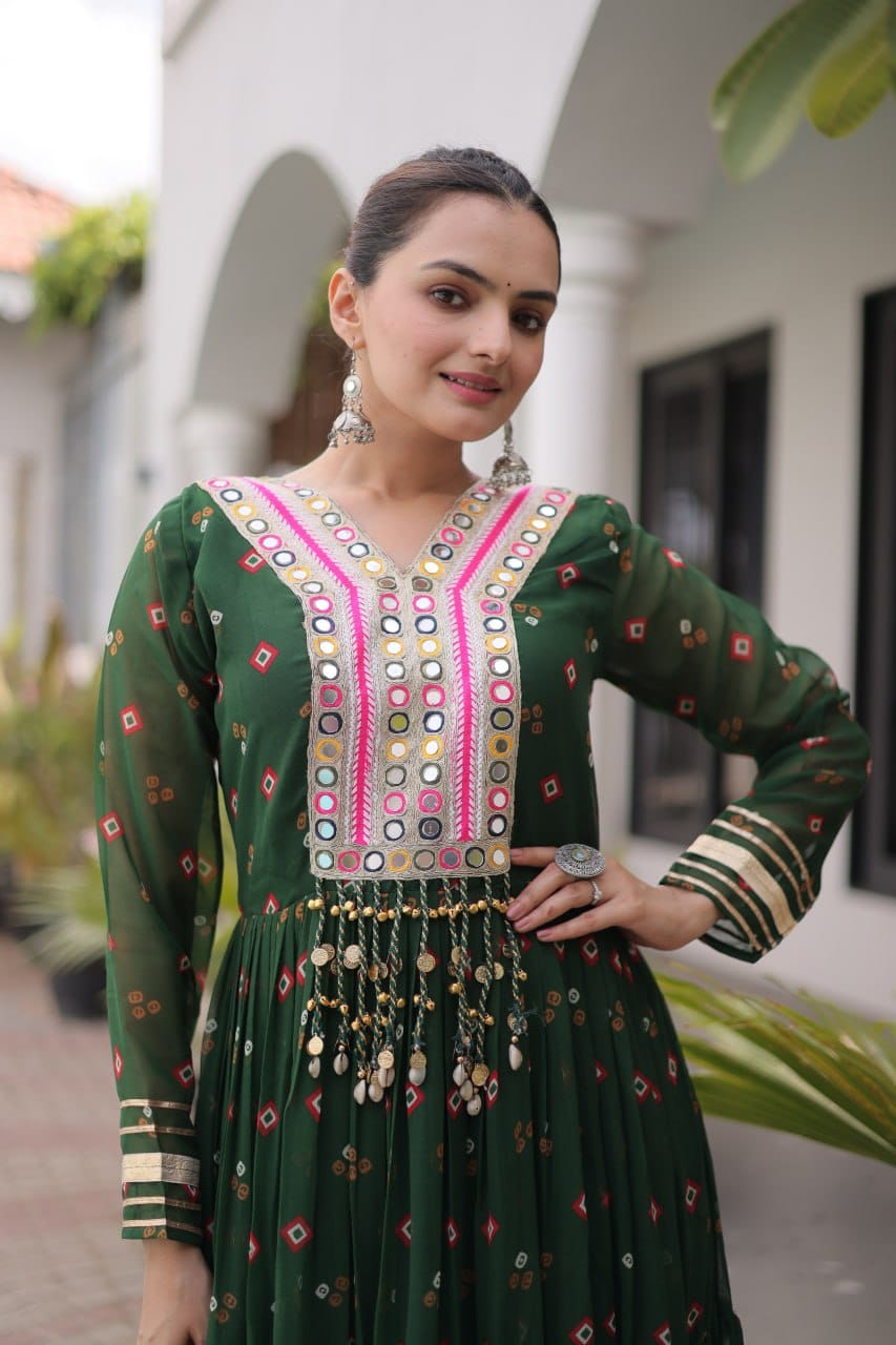 Green One Piece Garba Outfit - Laheriya Print, Kutchi Patchwork