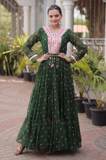 Green One Piece Garba Outfit - Laheriya Print, Kutchi Patchwork