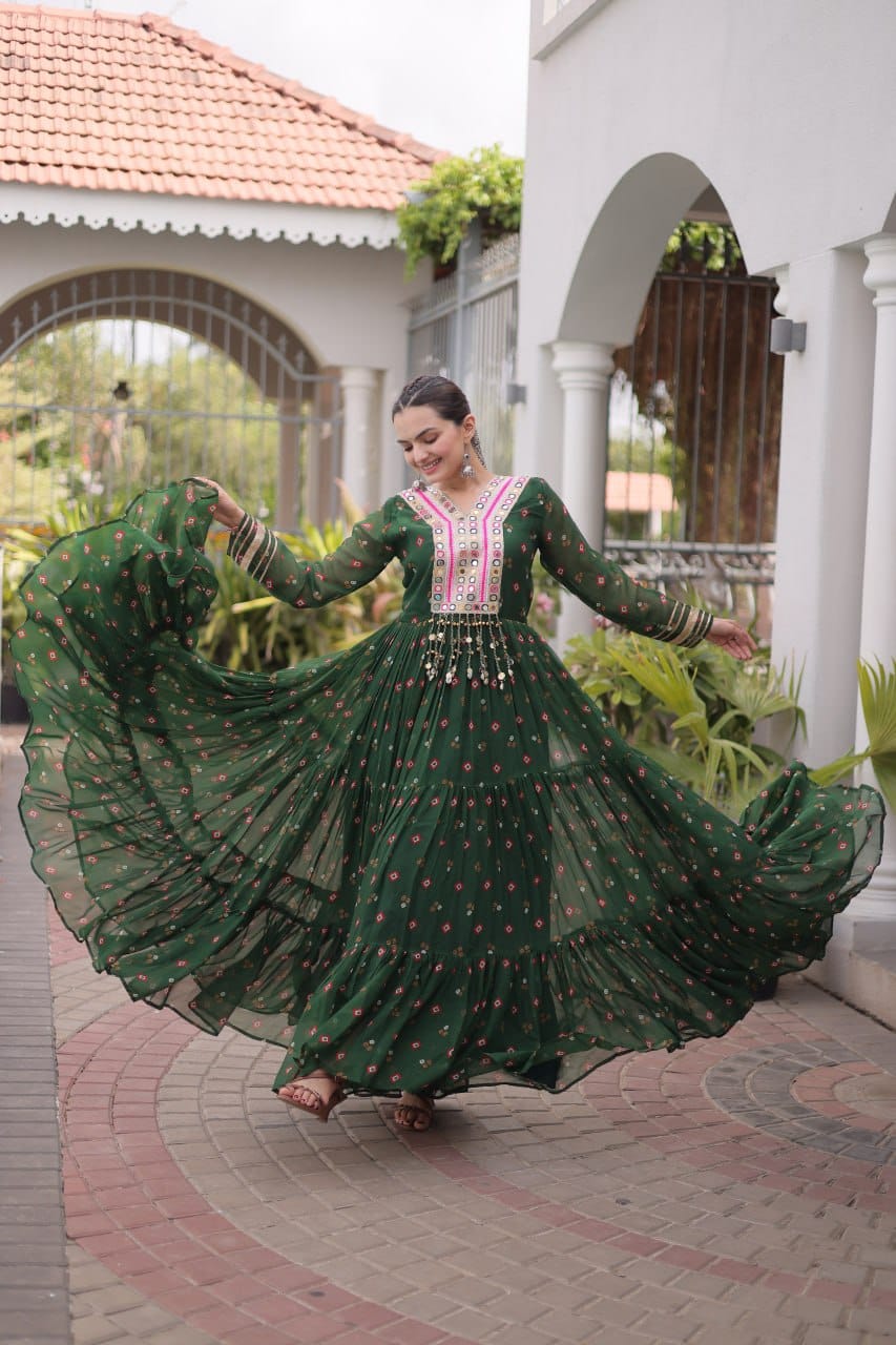 Green One Piece Garba Outfit - Laheriya Print, Kutchi Patchwork