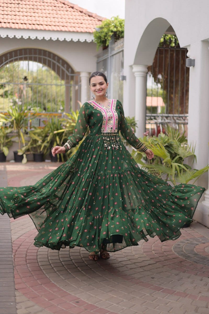 Green One Piece Garba Outfit - Laheriya Print, Kutchi Patchwork
