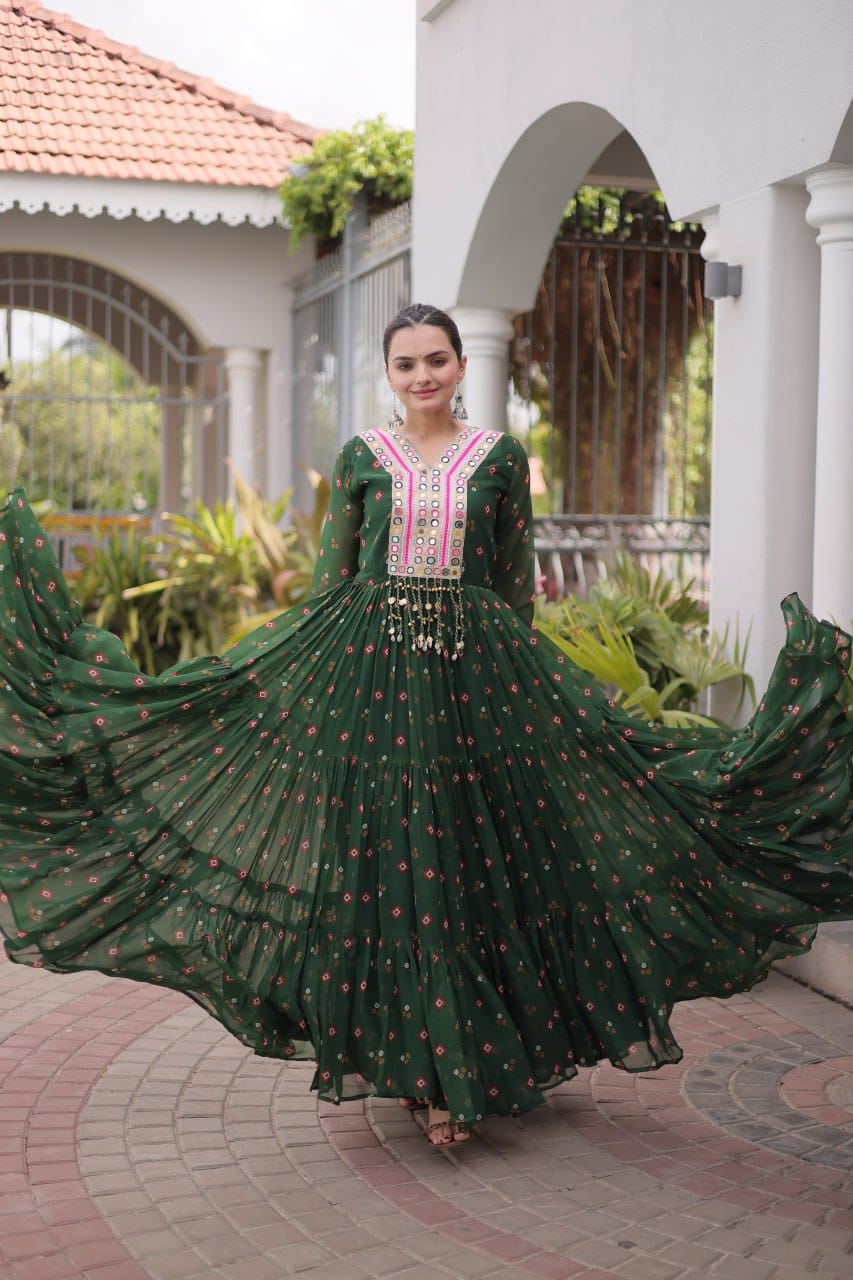 Green One Piece Garba Outfit - Laheriya Print, Kutchi Patchwork