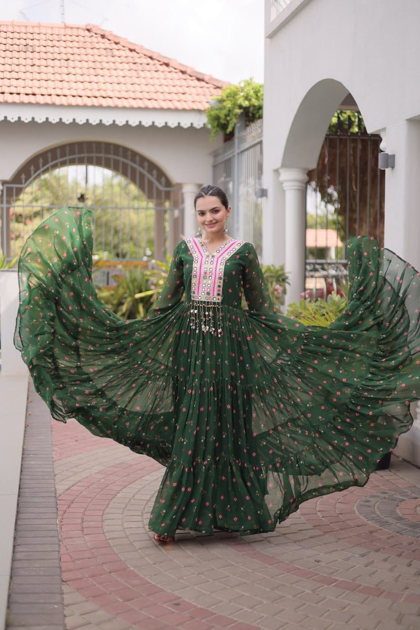 Green One Piece Garba Outfit - Laheriya Print, Kutchi Patchwork