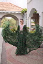 Green One Piece Garba Outfit - Laheriya Print, Kutchi Patchwork