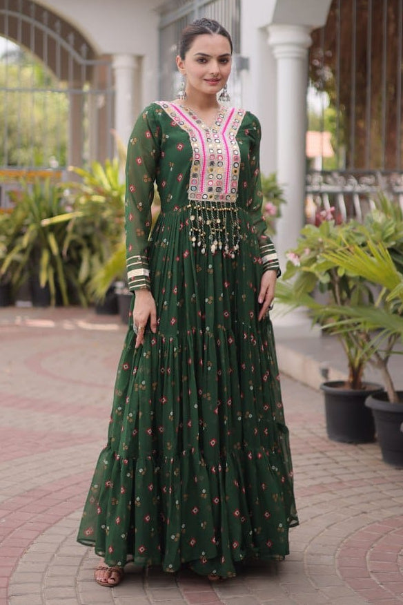 Green One Piece Garba Outfit - Laheriya Print, Kutchi Patchwork