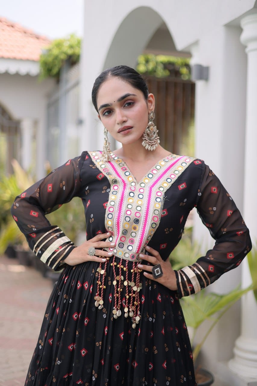 Black One Piece Garba Outfit with Laheriya Print & Kutchi Patchwork