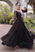 Black One Piece Garba Outfit with Laheriya Print & Kutchi Patchwork