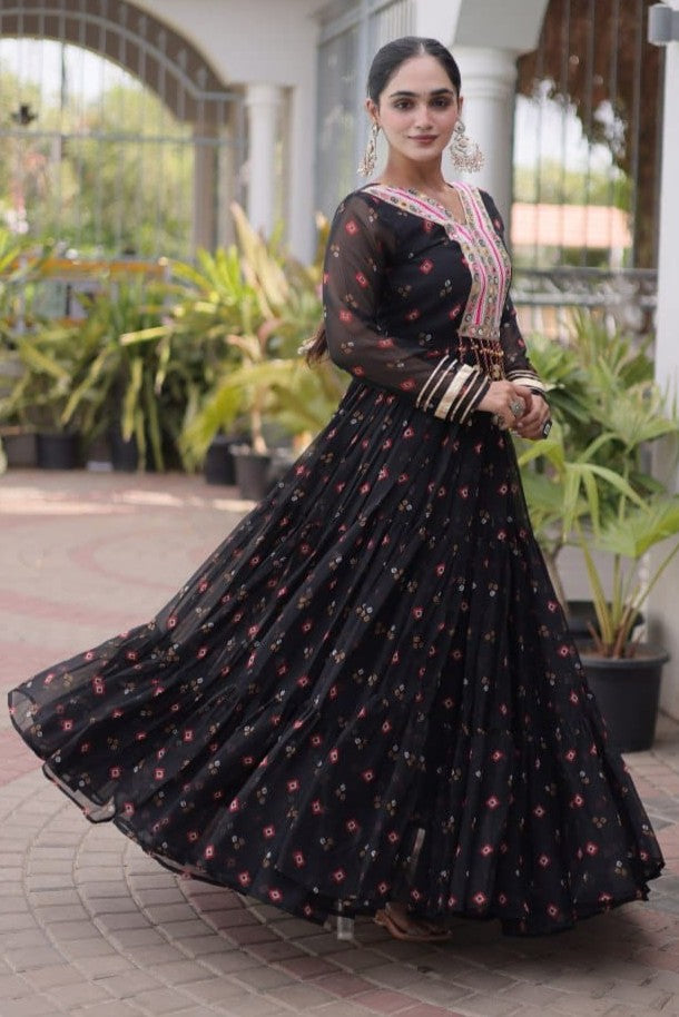Black One Piece Garba Outfit with Laheriya Print & Kutchi Patchwork