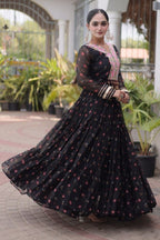 Black One Piece Garba Outfit with Laheriya Print & Kutchi Patchwork