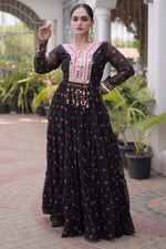 Black One Piece Garba Outfit with Laheriya Print & Kutchi Patchwork