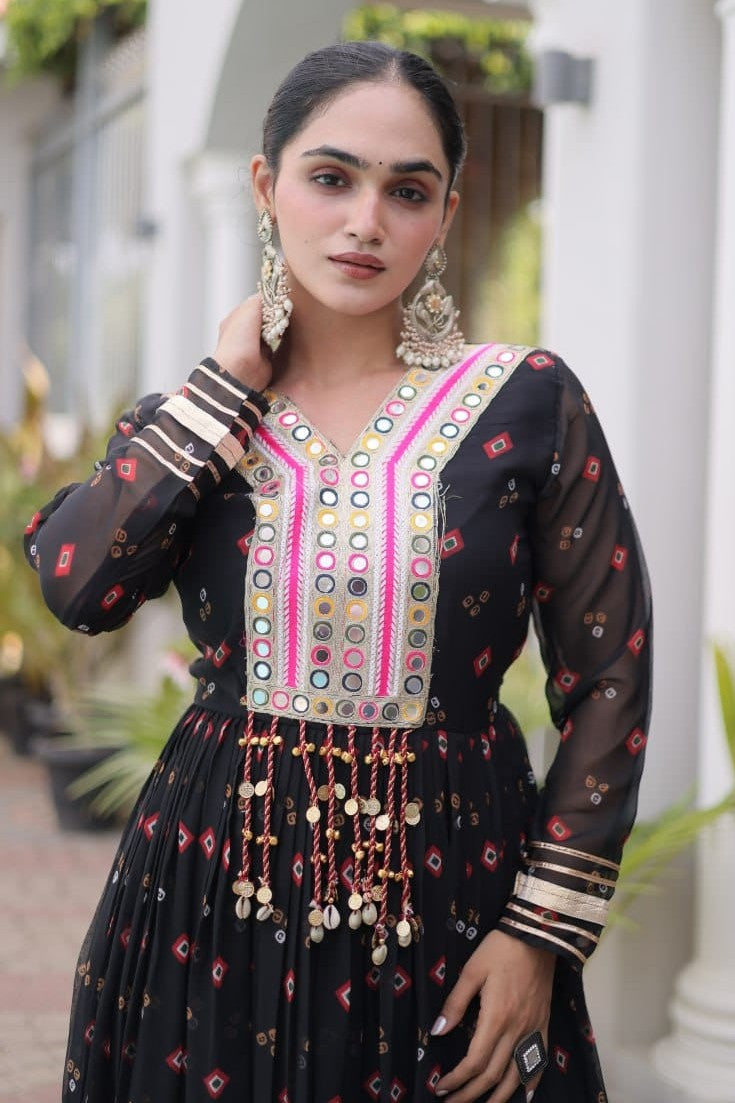 Black One Piece Garba Outfit with Laheriya Print & Kutchi Patchwork