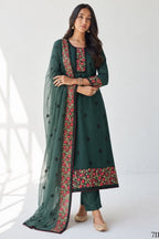 
Front view of a dark green pakistani suits style kameez with all-over thread and sequin embroidery, straight pant and sheer net dupatta on one shoulder.