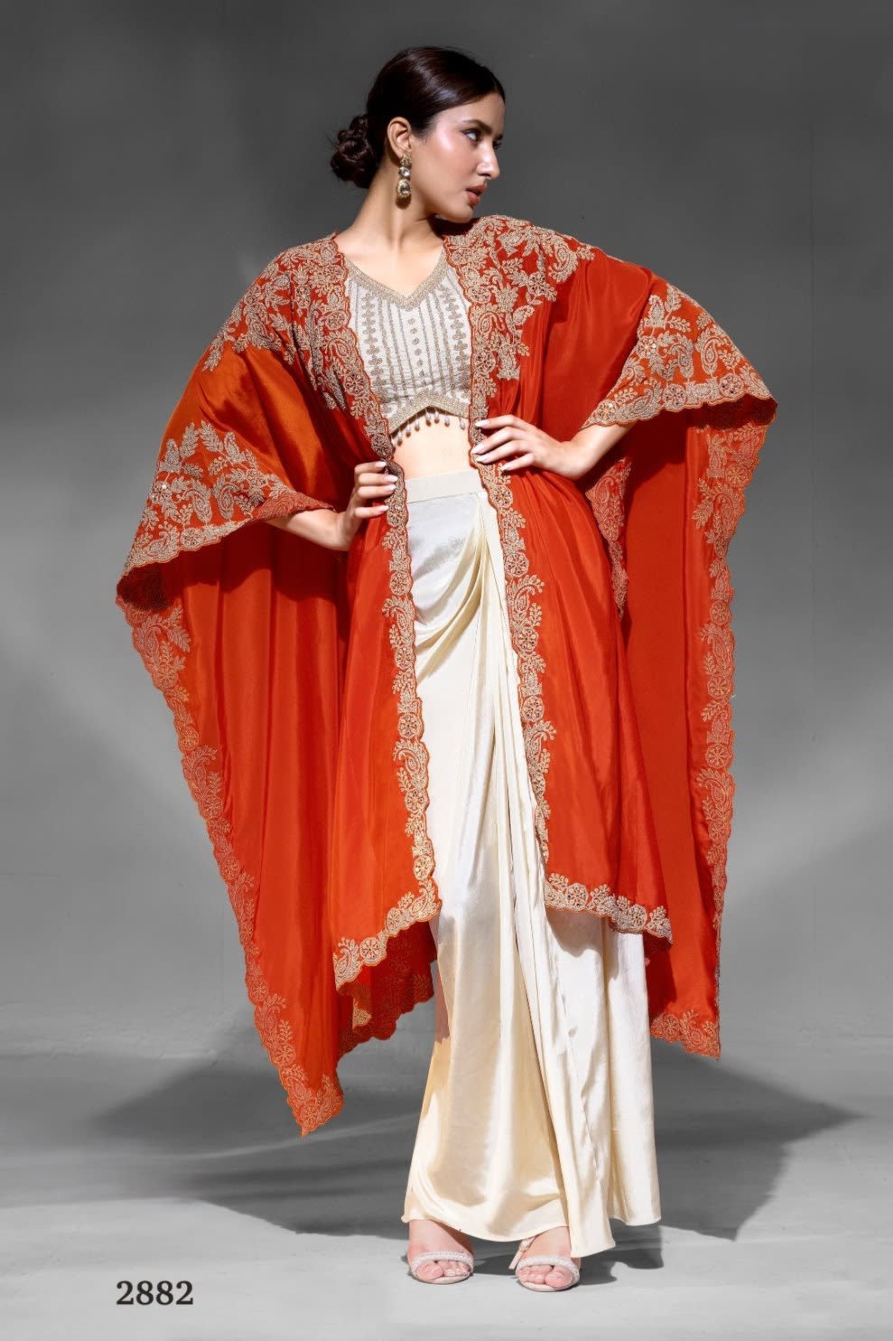 Orange Crepe Blouse With Skirt & Shrug For Indian & Pakistani Wedding Festival - Dori Work, Embroidery Work