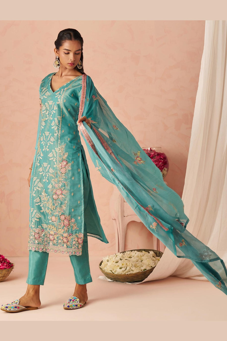Turquoise Zari Fancy Fabric Silk Kameez With Pant For Indian & Pakistani Wedding Festival - Thread & Sequins Embroidery Work, Moti Work