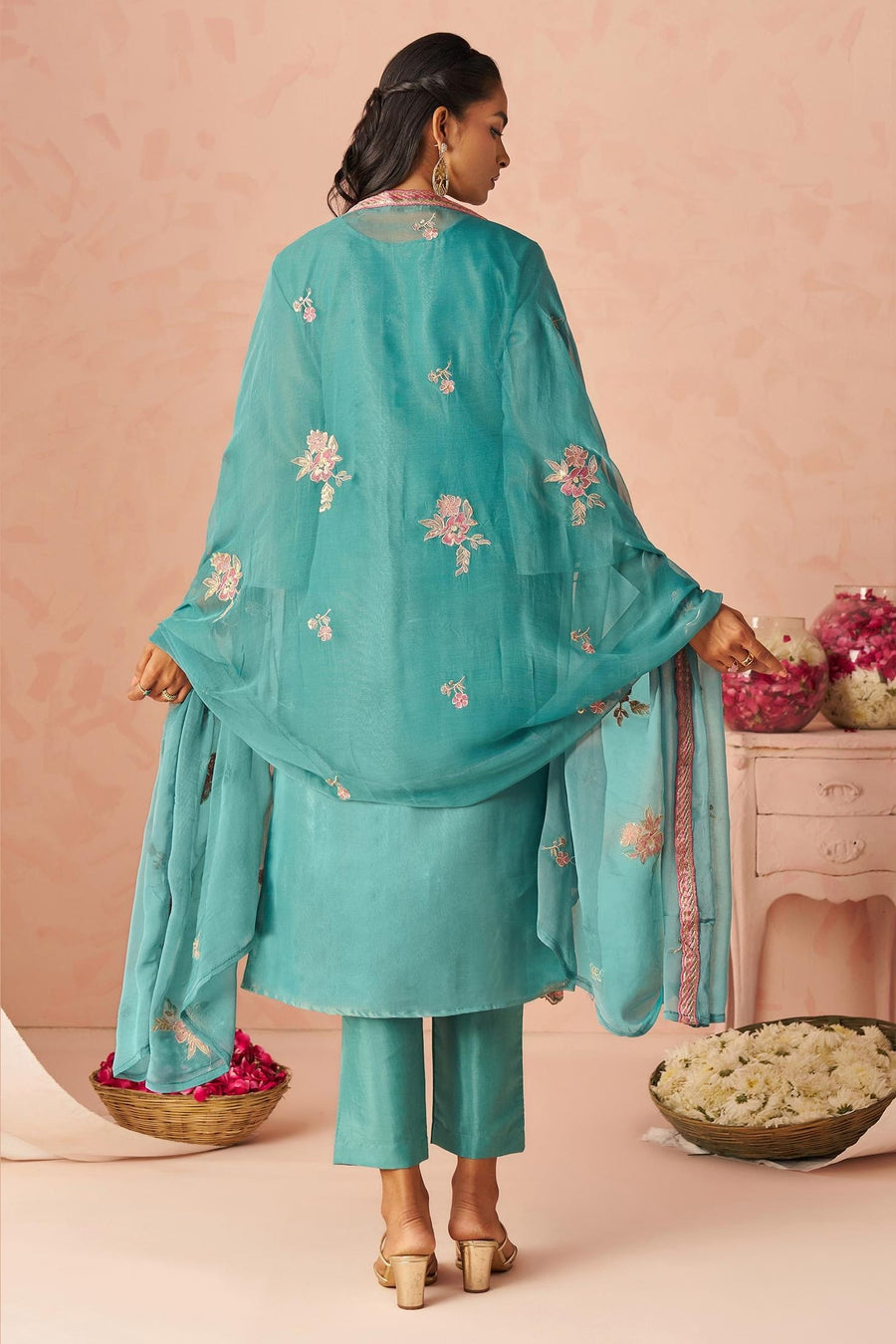 Turquoise Zari Fancy Fabric Silk Kameez With Pant For Indian & Pakistani Wedding Festival - Thread & Sequins Embroidery Work, Moti Work
