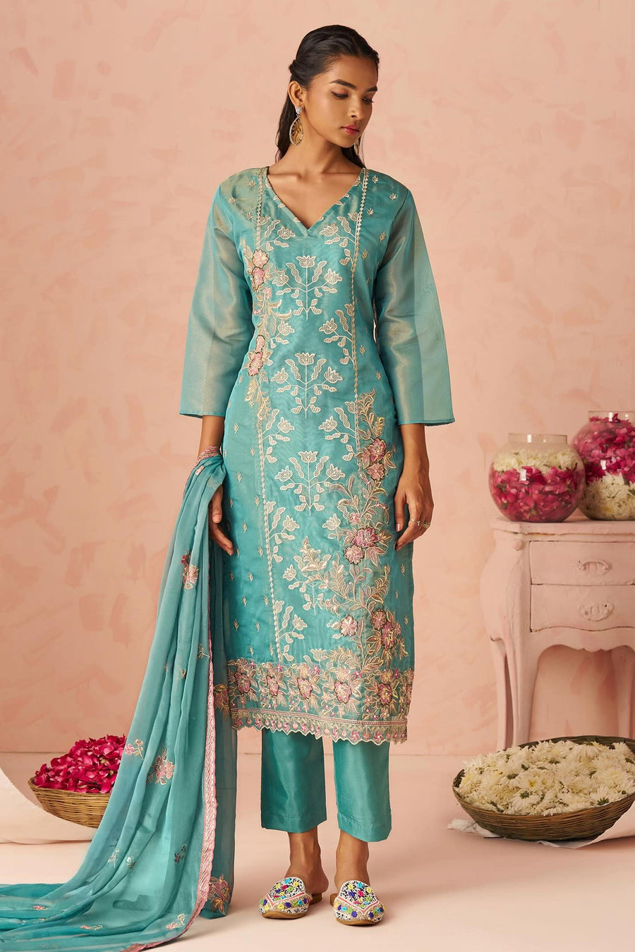 Turquoise Zari Fancy Fabric Silk Kameez With Pant For Indian & Pakistani Wedding Festival - Thread & Sequins Embroidery Work, Moti Work