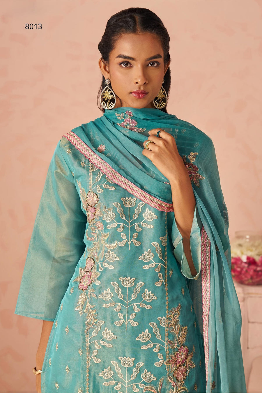 Turquoise Zari Fancy Fabric Silk Kameez With Pant For Indian & Pakistani Wedding Festival - Thread & Sequins Embroidery Work, Moti Work