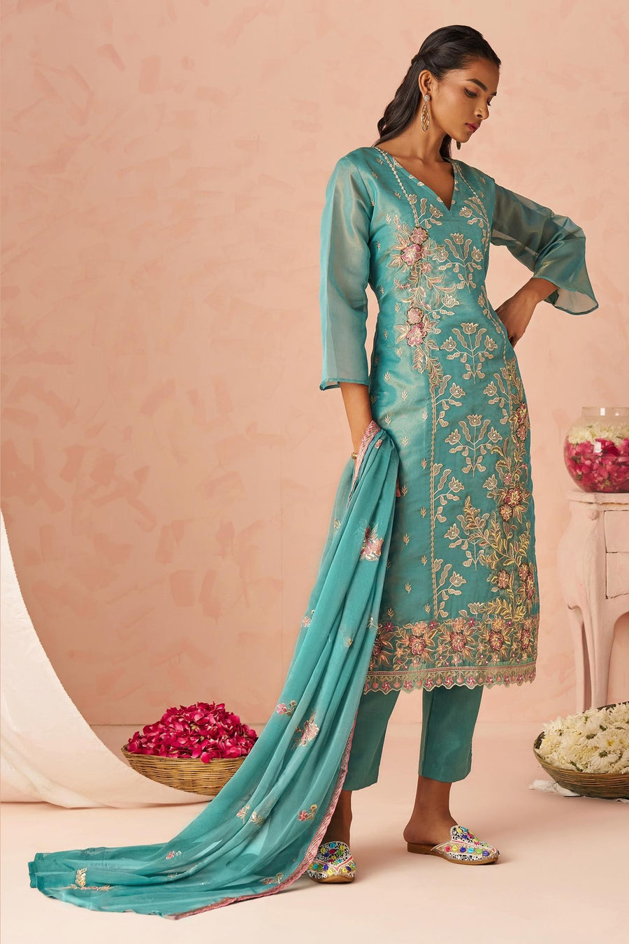 Turquoise Zari Fancy Fabric Silk Kameez With Pant For Indian & Pakistani Wedding Festival - Thread & Sequins Embroidery Work, Moti Work