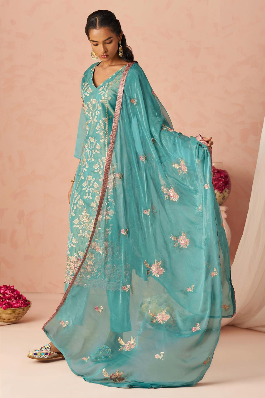 Turquoise Zari Fancy Fabric Silk Kameez With Pant For Indian & Pakistani Wedding Festival - Thread & Sequins Embroidery Work, Moti Work