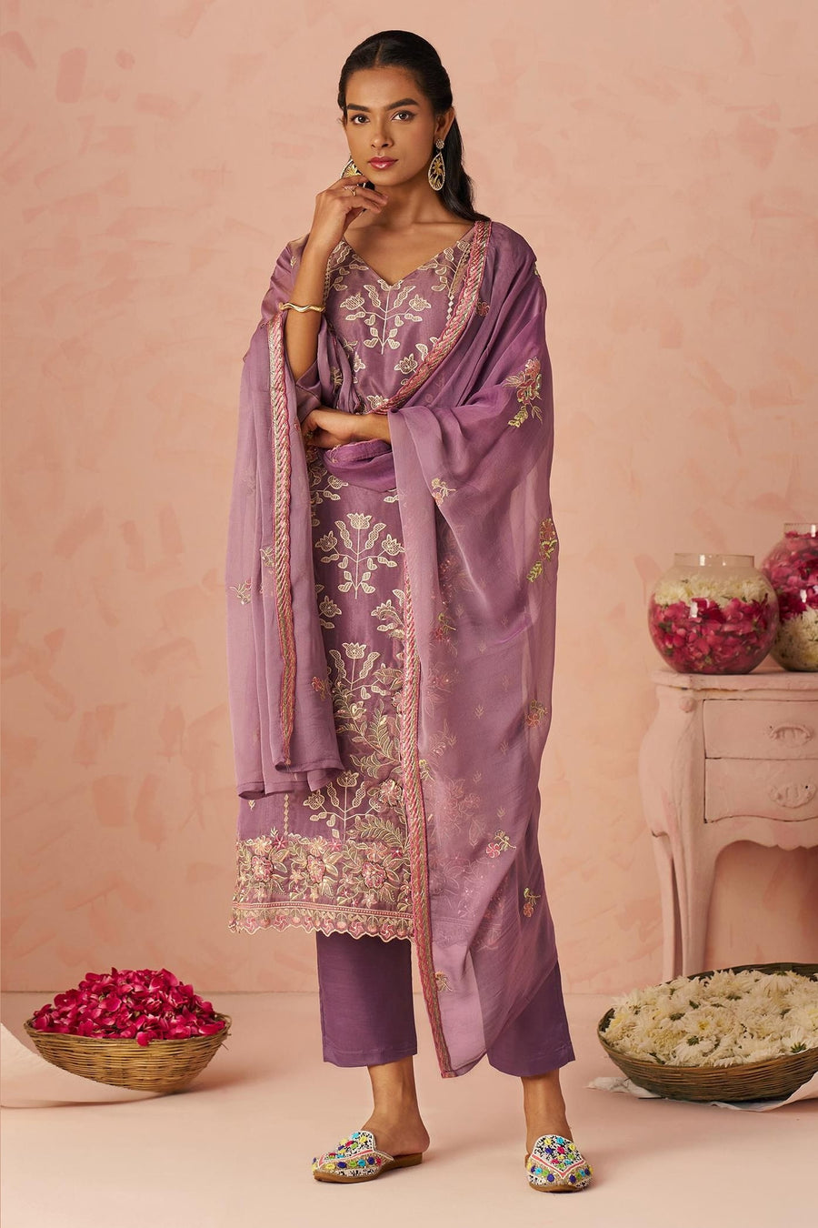 Peach Zari Fancy Fabric Silk Kameez With Pant For Indian & Pakistani Wedding Festival - Thread & Sequins Embroidery Work, Moti Work