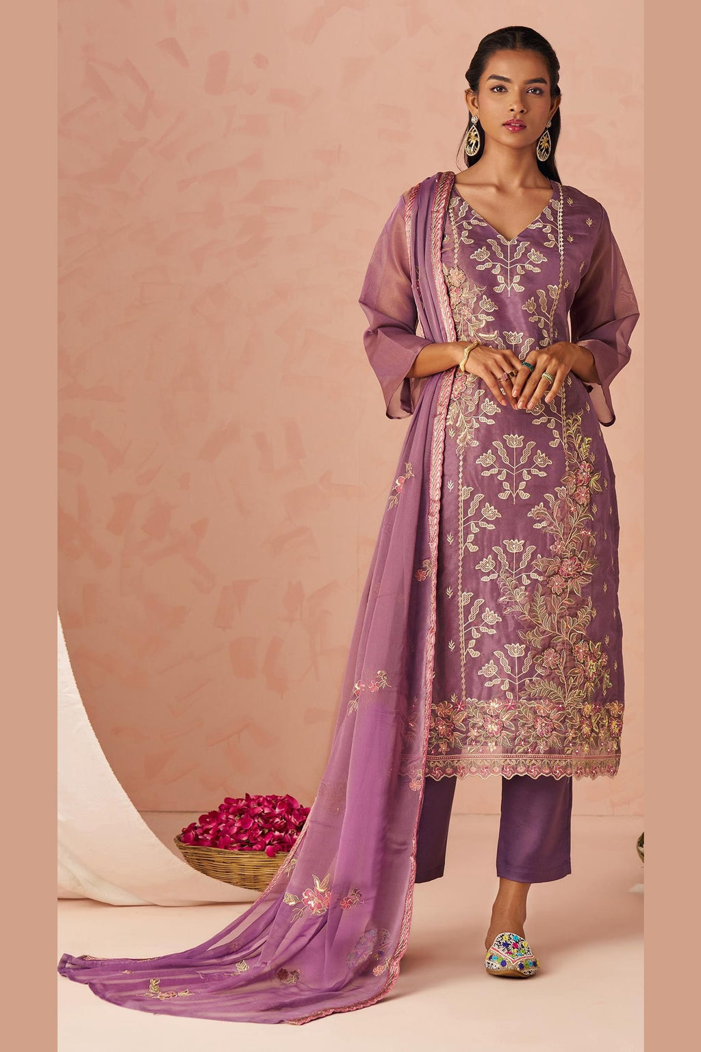 Peach Zari Fancy Fabric Silk Kameez With Pant For Indian & Pakistani Wedding Festival - Thread & Sequins Embroidery Work, Moti Work