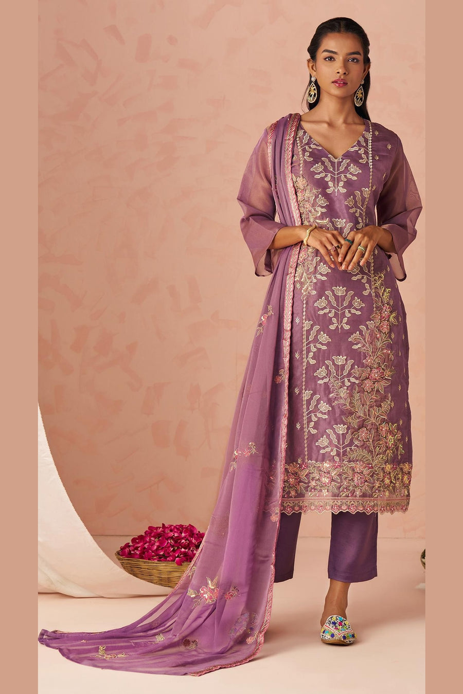 Peach Zari Fancy Fabric Silk Kameez With Pant For Indian & Pakistani Wedding Festival - Thread & Sequins Embroidery Work, Moti Work
