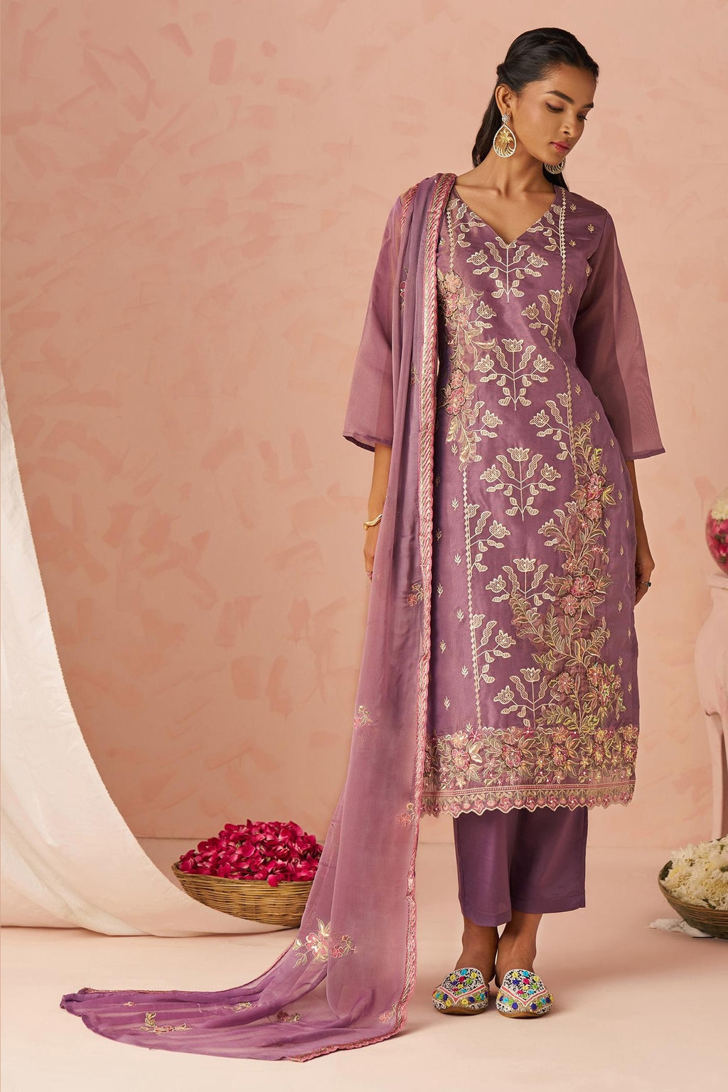 Peach Zari Fancy Fabric Silk Kameez With Pant For Indian & Pakistani Wedding Festival - Thread & Sequins Embroidery Work, Moti Work