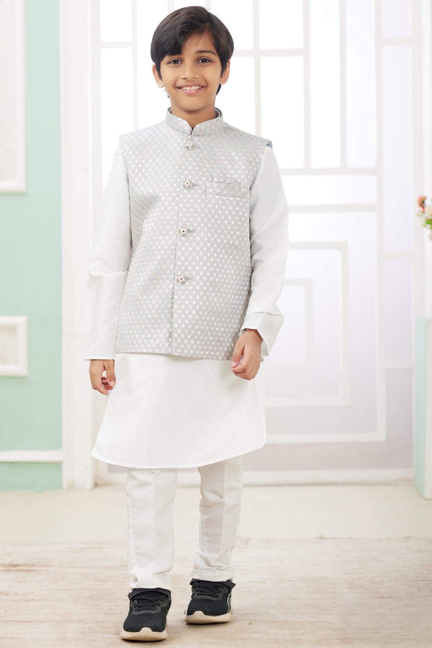 White Art Silk 3 Piece Kids Wear Boys Suit Kurta Pajama with Waistcoat Nehru Jacket for Kids for Festivals & Wedding - Embroidery Work