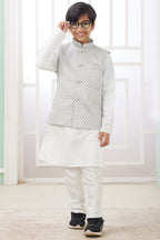 White Art Silk 3 Piece Kids Wear Boys Suit Kurta Pajama with Waistcoat Nehru Jacket for Kids for Festivals & Wedding - Embroidery Work