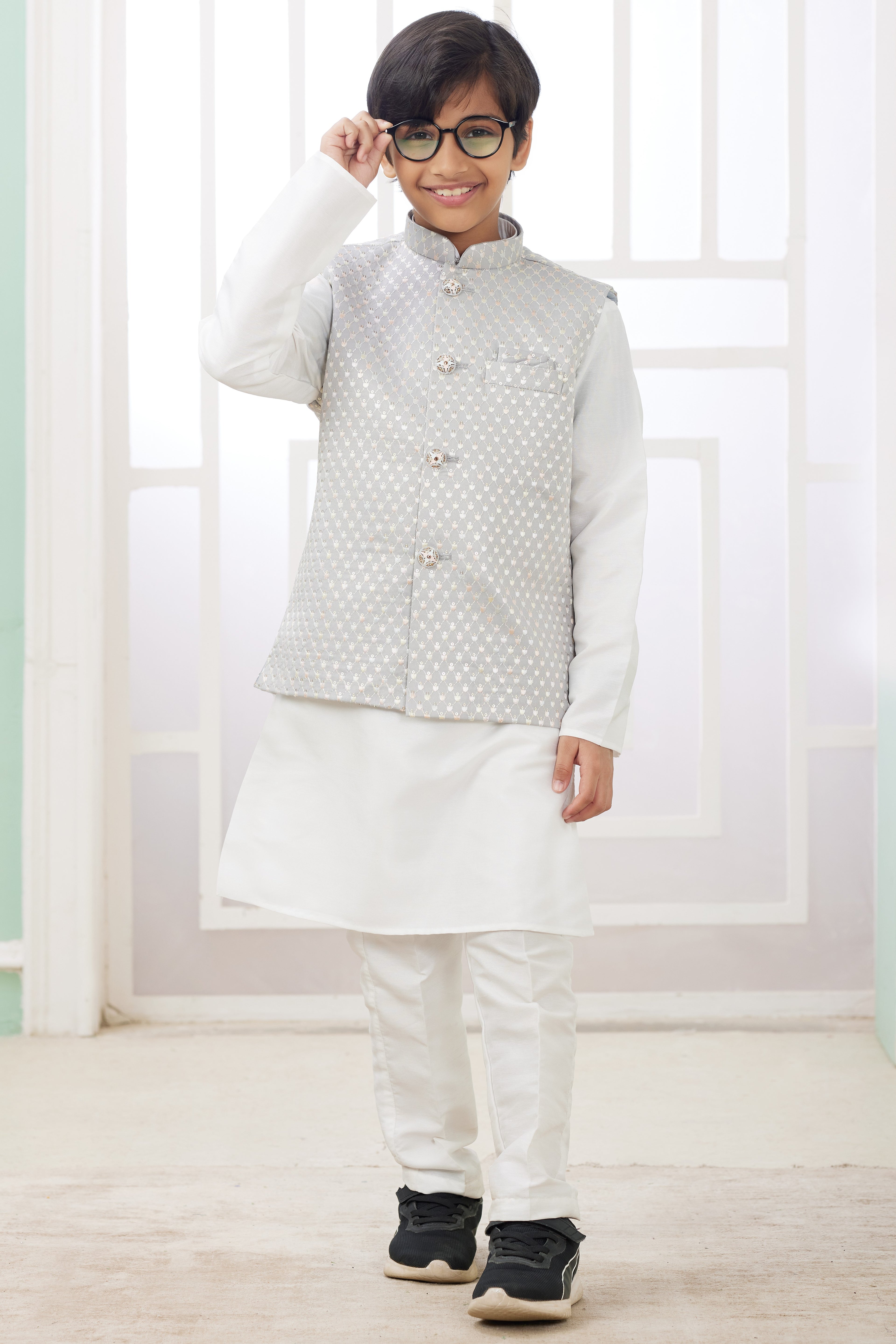 White Art Silk 3 Piece Kids Wear Boys Suit Kurta Pajama with Waistcoat Nehru Jacket for Kids for Festivals & Wedding - Embroidery Work
