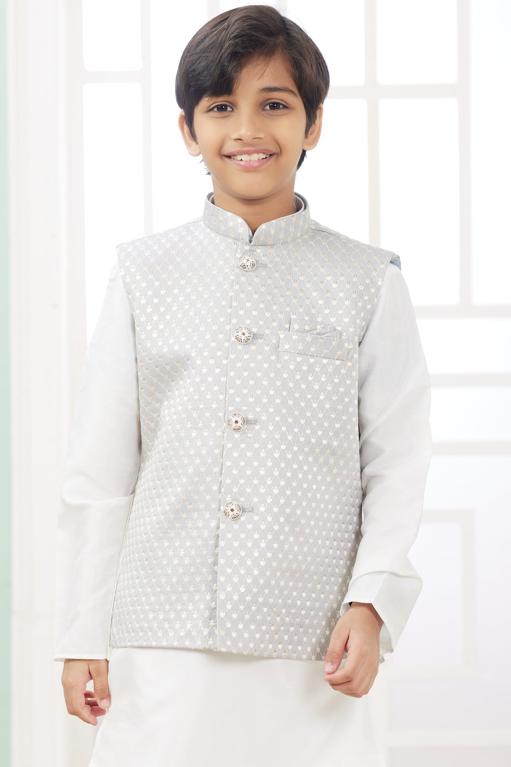 White Art Silk 3 Piece Kids Wear Boys Suit Kurta Pajama with Waistcoat Nehru Jacket for Kids for Festivals & Wedding - Embroidery Work