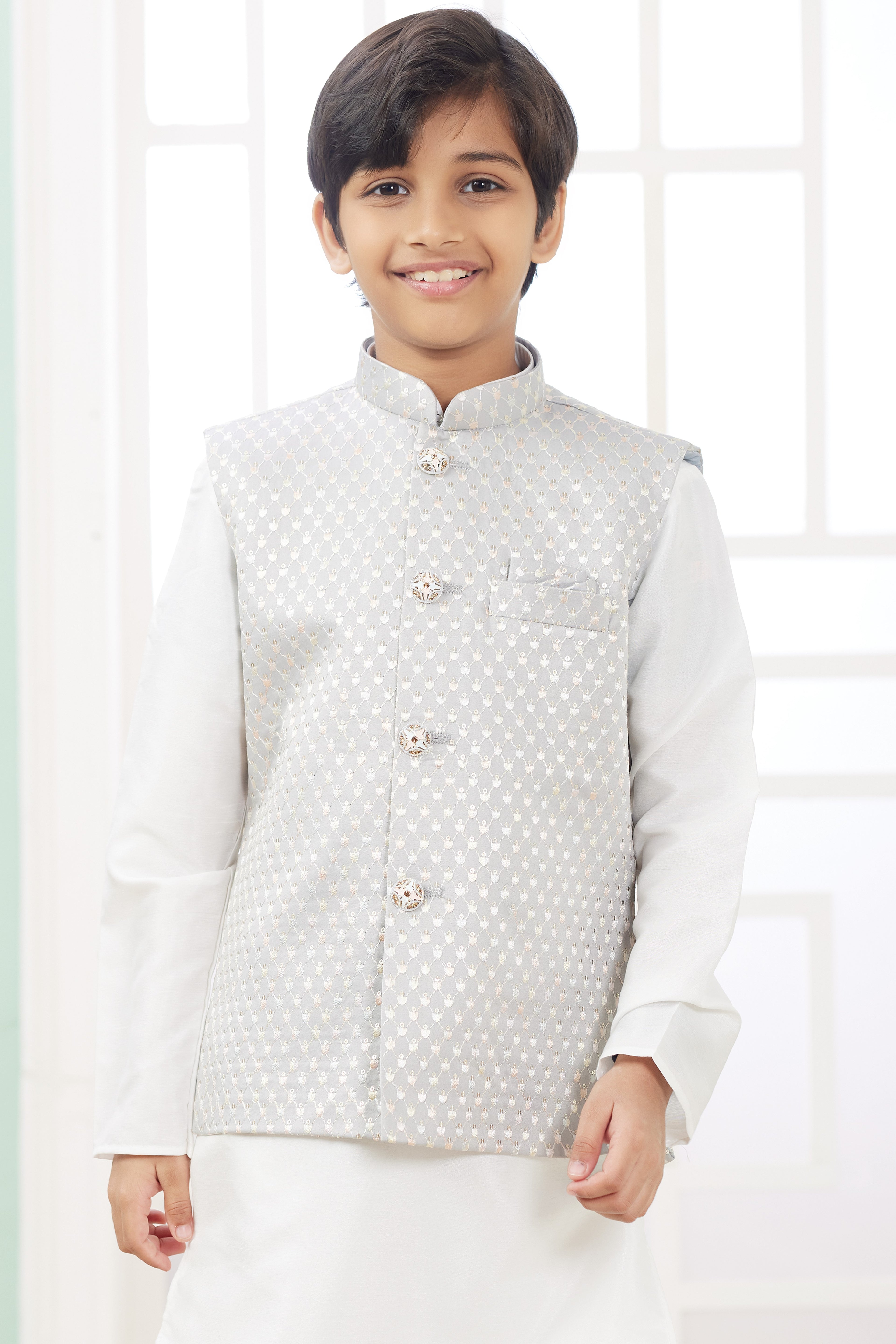 White Art Silk 3 Piece Kids Wear Boys Suit Kurta Pajama with Waistcoat Nehru Jacket for Kids for Festivals & Wedding - Embroidery Work