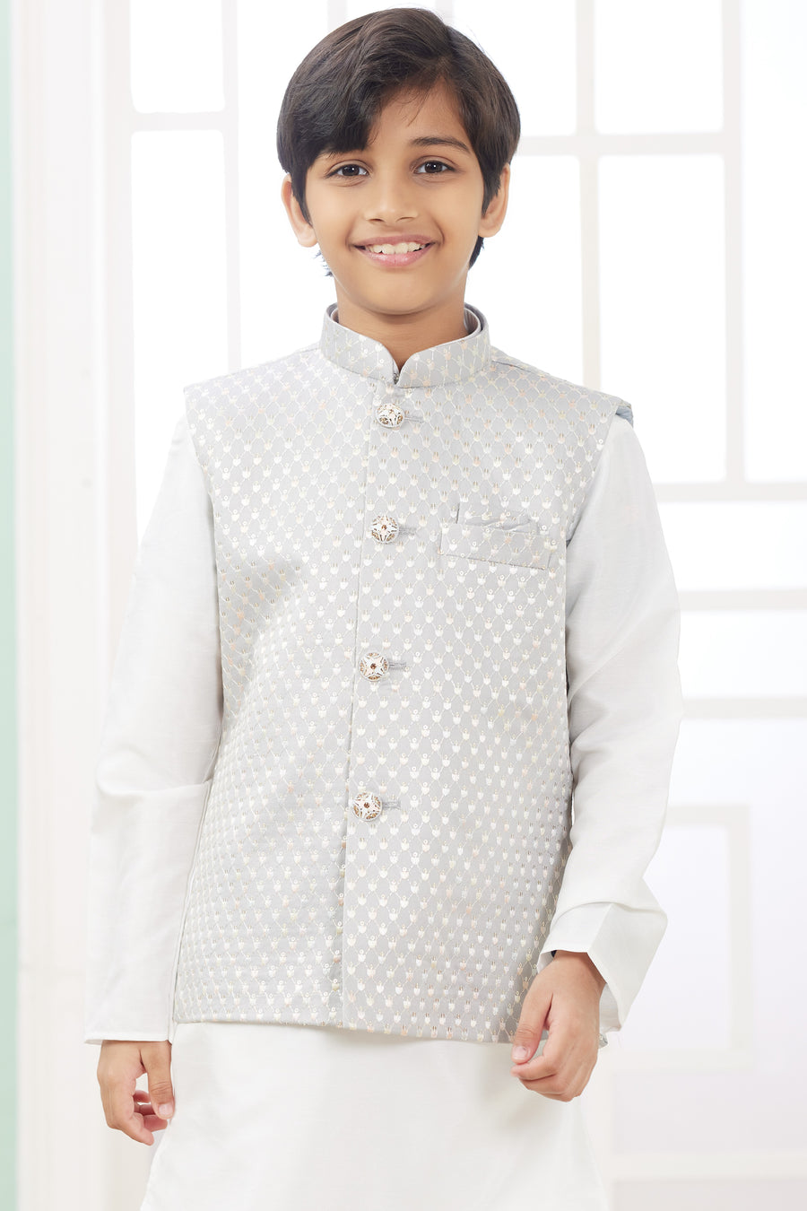 White Art Silk 3 Piece Kids Wear Boys Suit Kurta Pajama with Waistcoat Nehru Jacket for Kids for Festivals & Wedding - Embroidery Work
