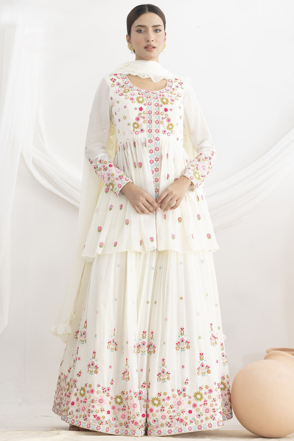 White Floral Embroidery Suit in Georgette Kameez with Skirt