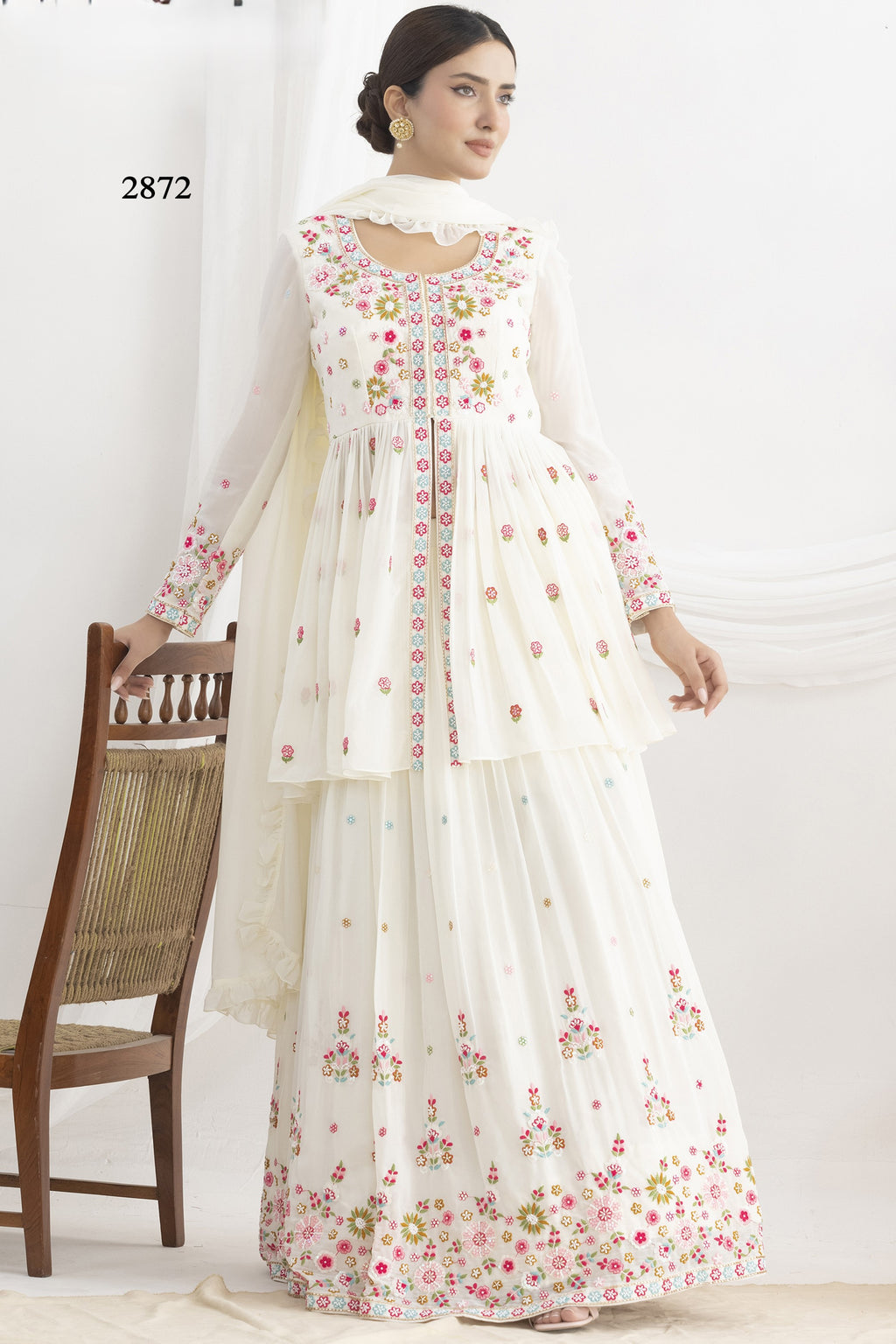 White Floral Embroidery Suit in Georgette Kameez with Skirt