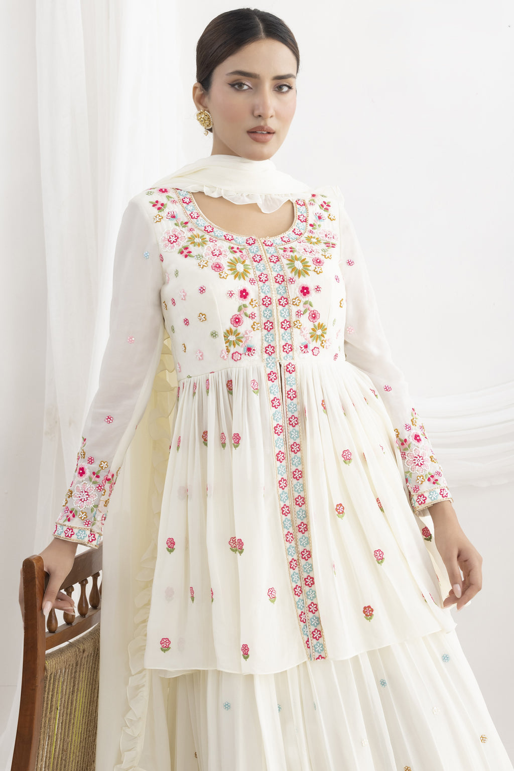 White Floral Embroidery Suit in Georgette Kameez with Skirt