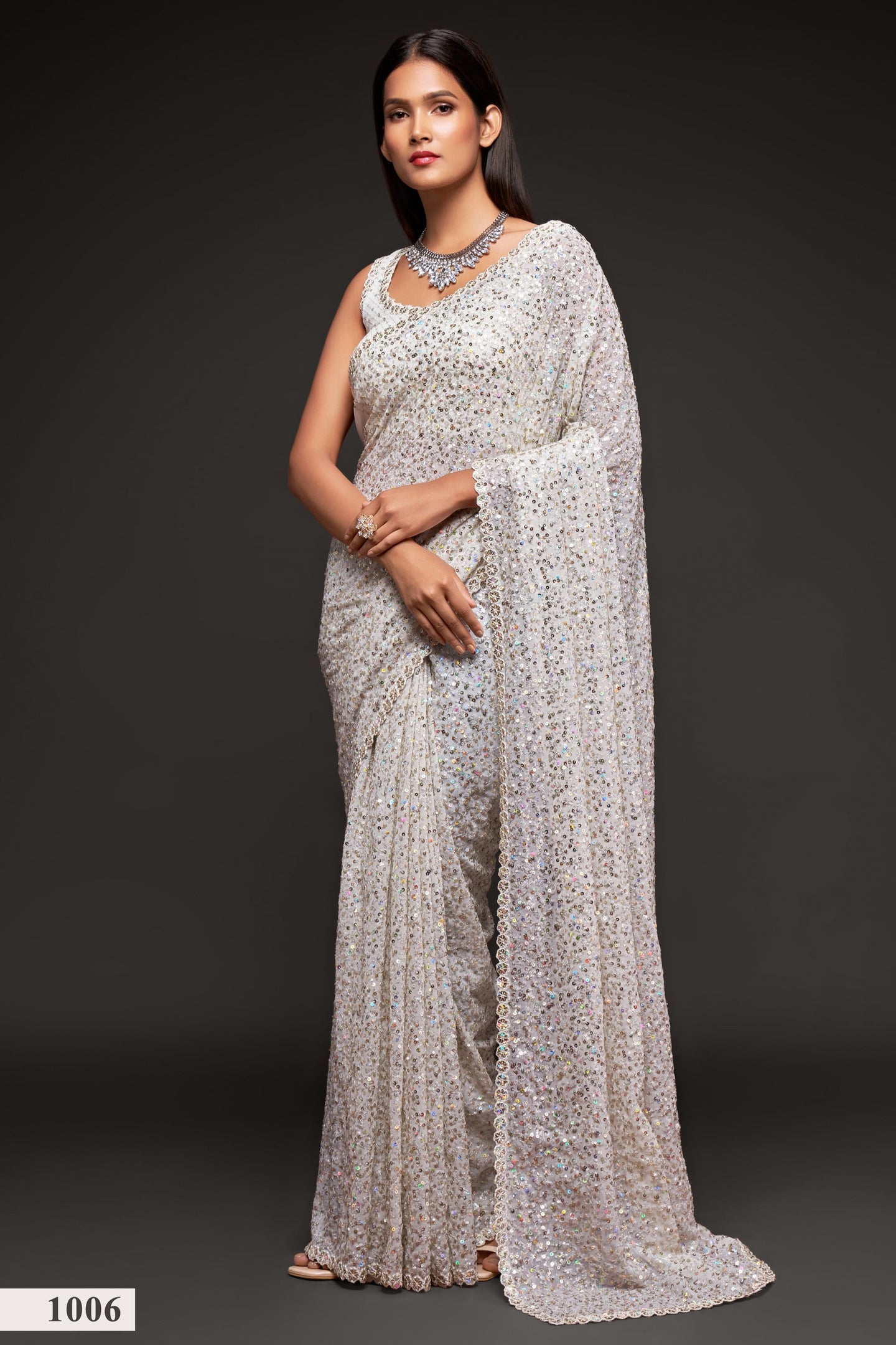 White Georgette Party Wear Saree with Blouse and Underskirt