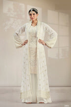 White Georgette Palazzo Suit With Koti Jacket For Indian Festivals & Weddings - Resham Embroidery Work, Mirror Work