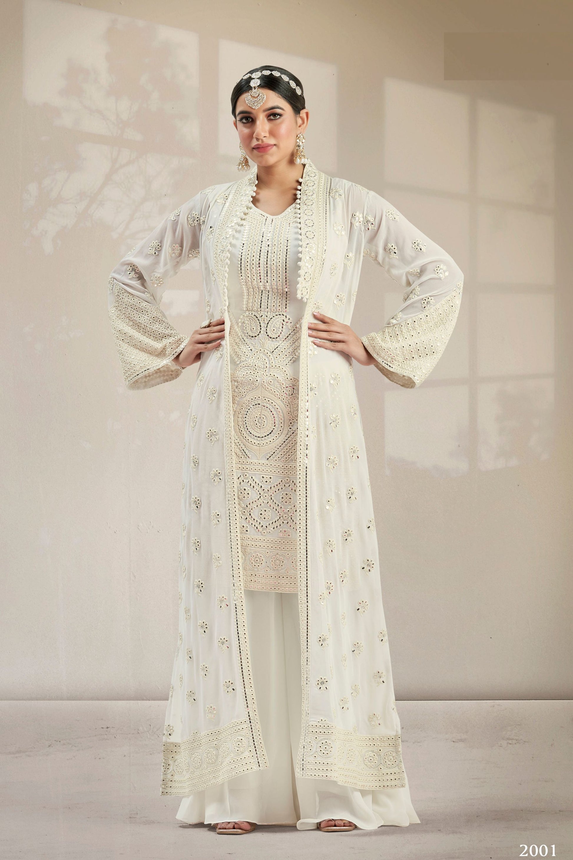 White Georgette Palazzo Suit With Koti Jacket For Indian Festivals & Weddings - Resham Embroidery Work, Mirror Work