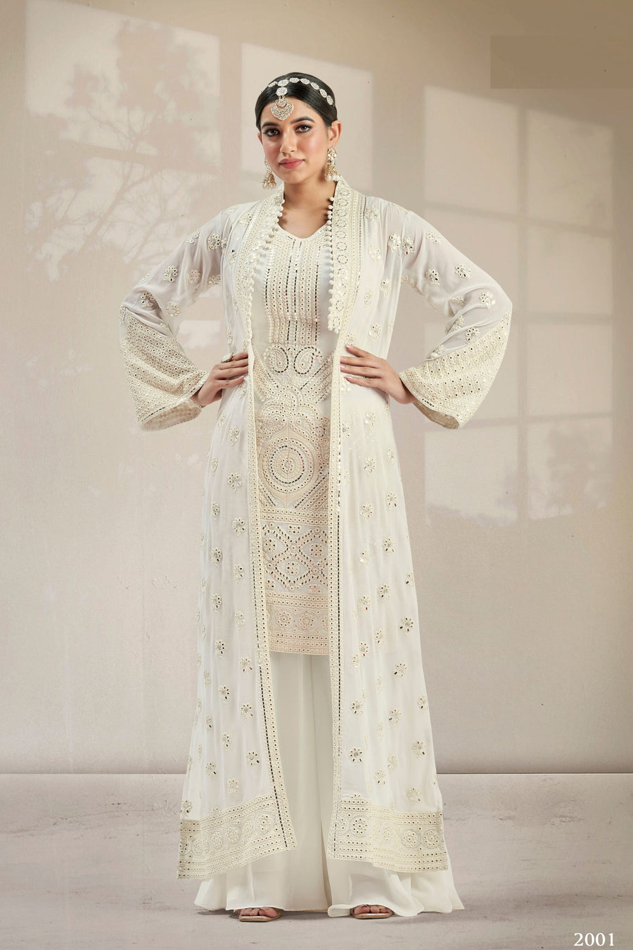 White Georgette Palazzo Suit With Koti Jacket For Indian Festivals & Weddings - Resham Embroidery Work, Mirror Work