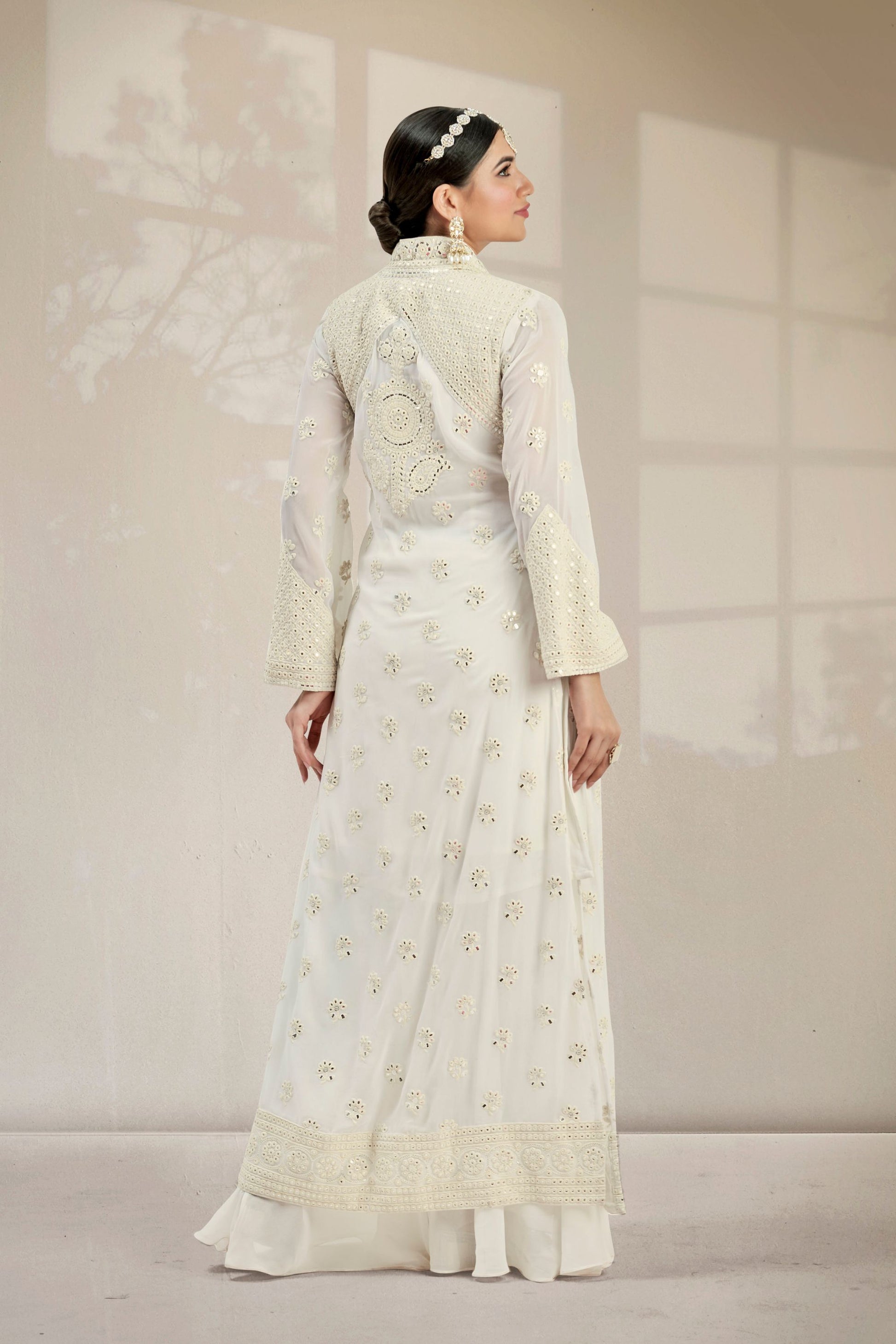 White Georgette Palazzo Suit With Koti Jacket For Indian Festivals & Weddings - Resham Embroidery Work, Mirror Work